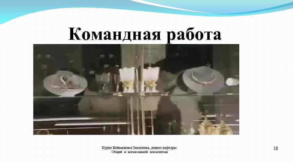 Командная работа Нурия Койшваевна Зиналиева, доцент кафедры Общей и когнитивной психологии 18 