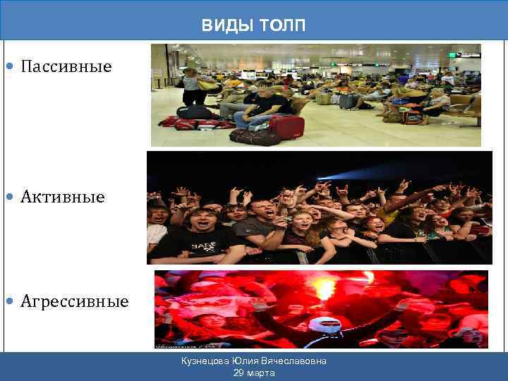ВИДЫ ТОЛП Пассивные Активные Агрессивные Кузнецова Юлия Вячеславовна 29 марта 