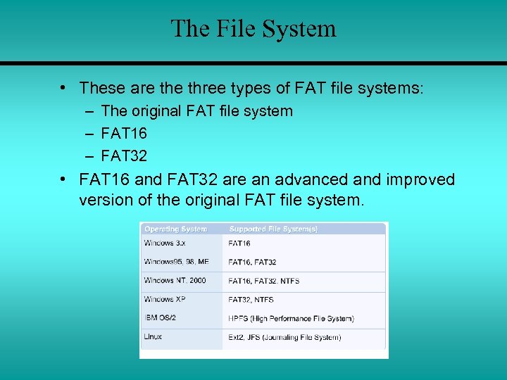 The File System • These are three types of FAT file systems: – The