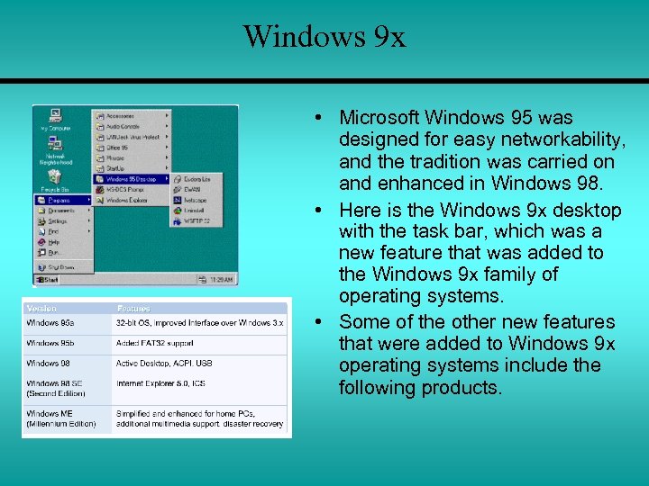 Windows 9 x • Microsoft Windows 95 was designed for easy networkability, and the