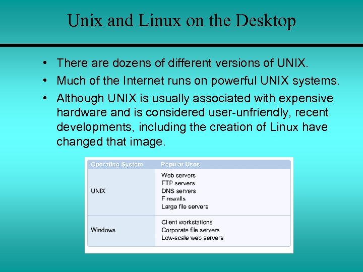 Unix and Linux on the Desktop • There are dozens of different versions of