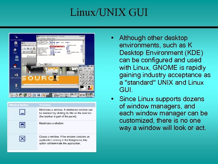 Linux/UNIX GUI • Although other desktop environments, such as K Desktop Environment (KDE) can