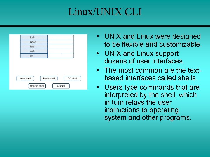 Linux/UNIX CLI • UNIX and Linux were designed to be flexible and customizable. •