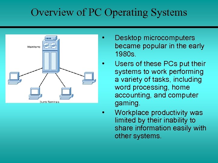 Overview of PC Operating Systems • • • Desktop microcomputers became popular in the