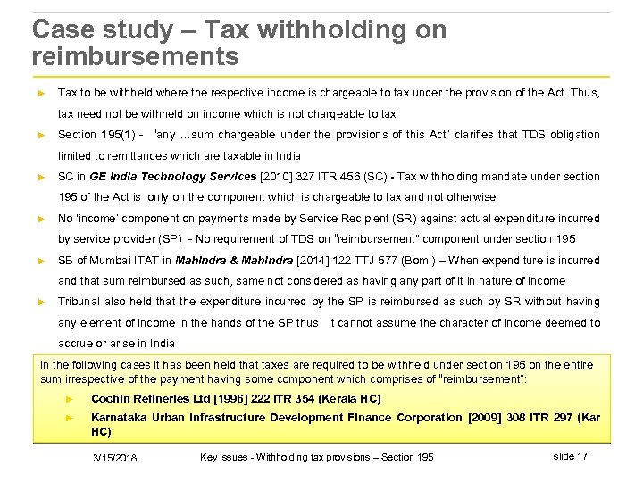 Case study – Tax withholding on reimbursements ► Tax to be withheld where the