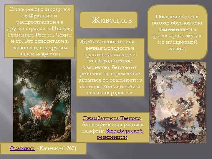 Стиль рококо зародился во Франции и распространился в других странах: в Италии, Германии, России,