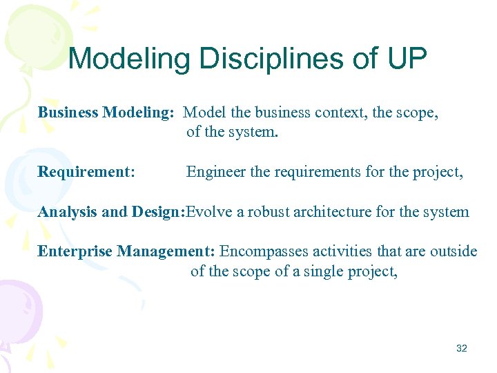 Modeling Disciplines of UP Business Modeling: Model the business context, the scope, of the