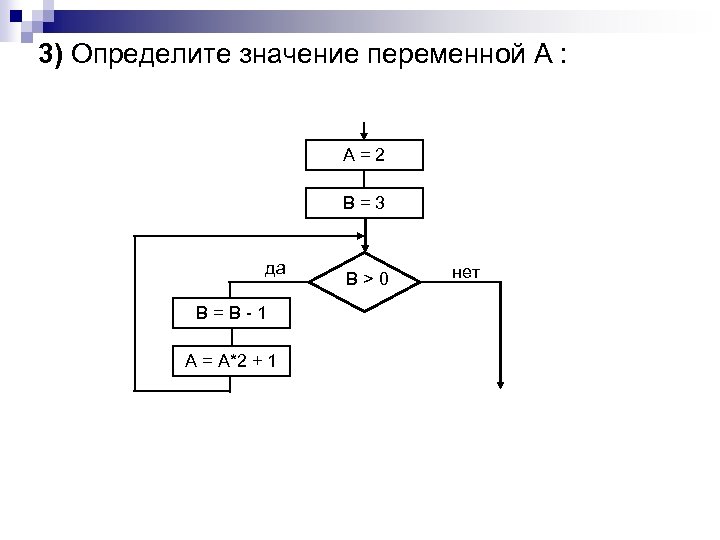 3) Определите значение переменной А : A=2 B=3 да B=B-1 A = A*2 +