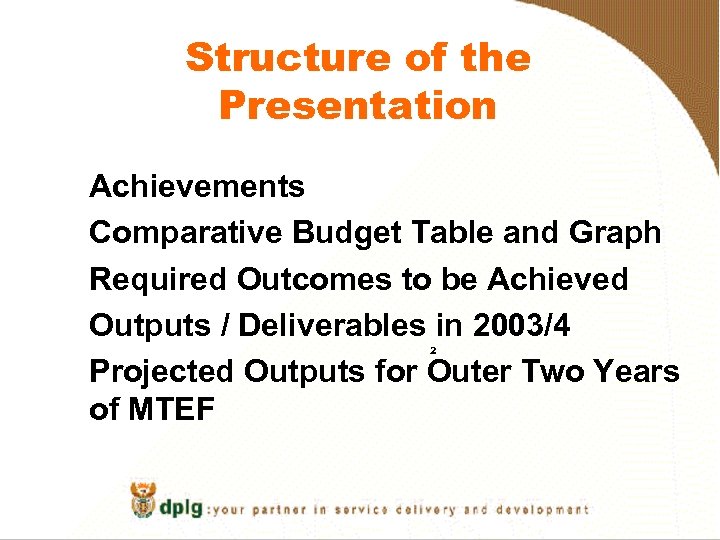 Structure of the Presentation Achievements Comparative Budget Table and Graph Required Outcomes to be