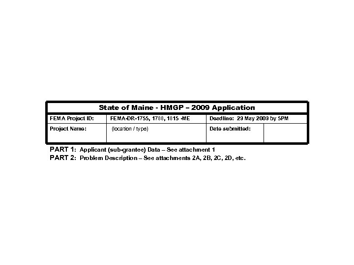 State of Maine - HMGP – 2009 Application FEMA Project ID: FEMA-DR-1755, 1788, 1815