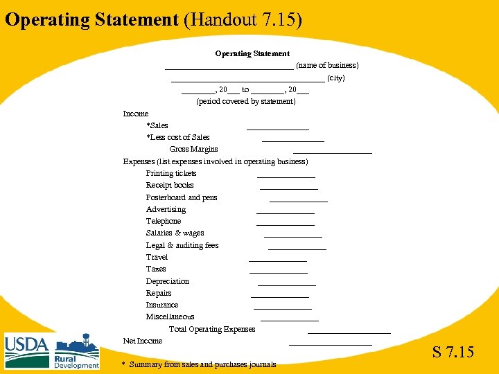 Operating Statement (Handout 7. 15) Operating Statement ________________ (name of business) ___________________ (city) ____,