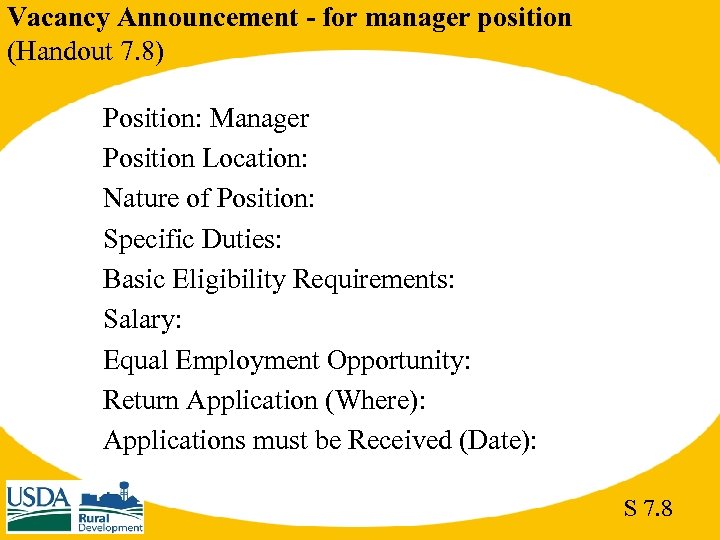 Vacancy Announcement - for manager position (Handout 7. 8) Position: Manager Position Location: Nature