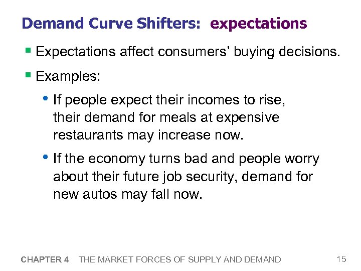 Demand Curve Shifters: expectations § Expectations affect consumers’ buying decisions. § Examples: • If