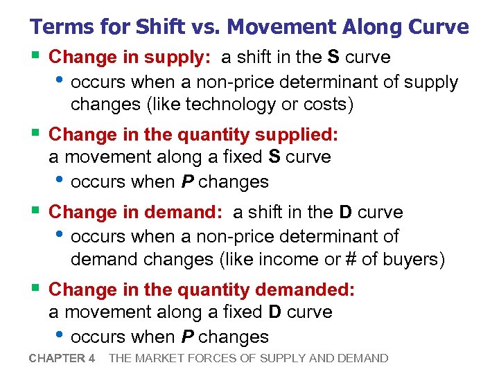 Terms for Shift vs. Movement Along Curve § Change in supply: a shift in