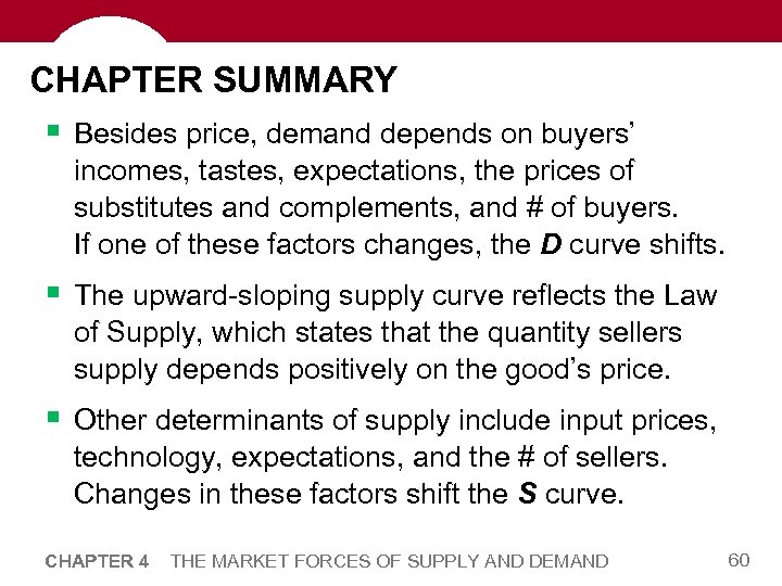 CHAPTER SUMMARY § Besides price, demand depends on buyers’ incomes, tastes, expectations, the prices