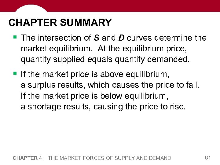 CHAPTER SUMMARY § The intersection of S and D curves determine the market equilibrium.