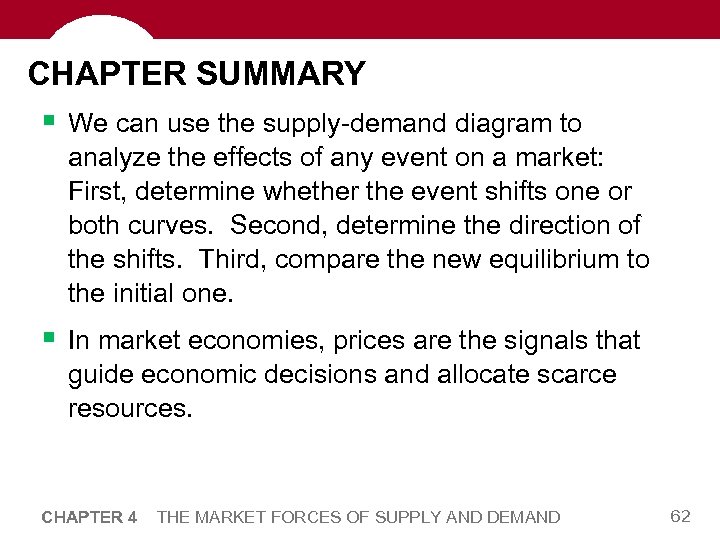 CHAPTER SUMMARY § We can use the supply-demand diagram to analyze the effects of