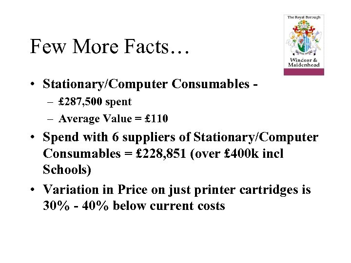 Few More Facts… • Stationary/Computer Consumables – £ 287, 500 spent – Average Value