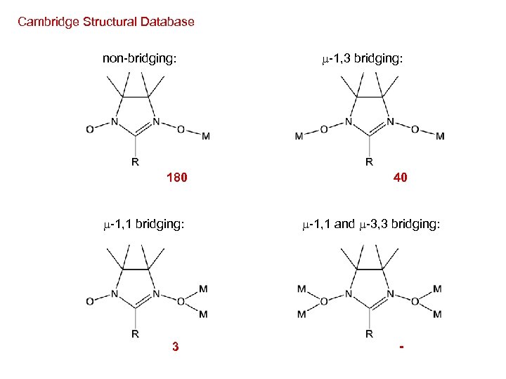 Cambridge Structural Database non-bridging: 180 -1, 1 bridging: 3 -1, 3 bridging: 40 -1,