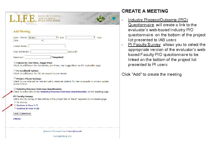 CREATE A MEETING - - Industry Process/Outcome (P/O) Questionnaire: will create a link to