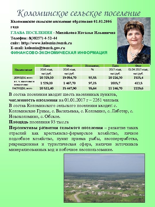 Коломинское сельское поселение образовано 01. 2006 года ГЛАВА ПОСЕЛЕНИЯ - Михайлова Наталья Ильинична Телефон: