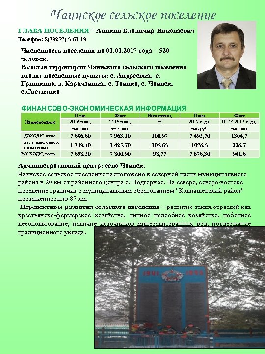 Чаинское сельское поселение ГЛАВА ПОСЕЛЕНИЯ – Аникин Владимир Николаевич Телефон: 8(38257) 5 -61 -19