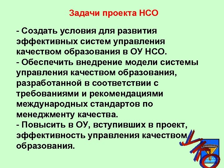 Задачи проекта НСО - Создать условия для развития эффективных систем управления качеством образования в