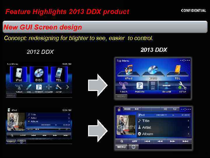 Feature Highlights 2013 DDX product New GUI Screen design Concept: redesigning for blighter to