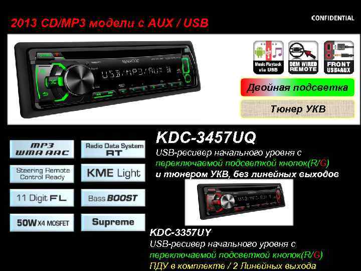 2013 СD/MP 3 модели с AUX / USB Двойная подсветка Тюнер УКВ KDC-3457 UQ