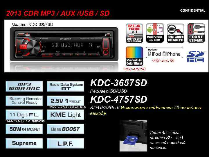 2013 CDR MP 3 / AUX /USB / SD Модель: KDC-3657 SD *KDC-4757 SD