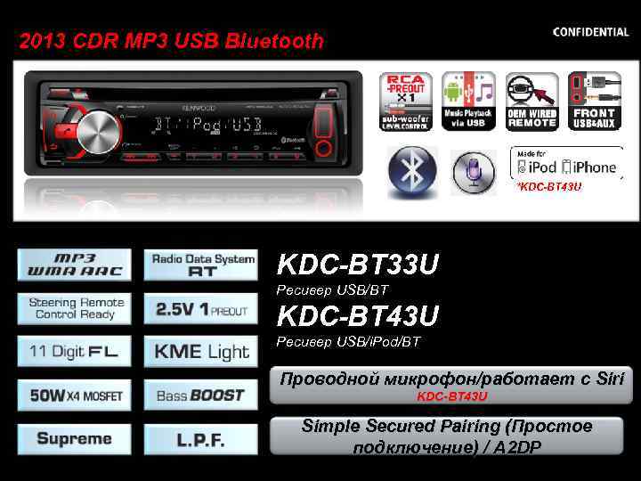 2013 CDR MP 3 USB Bluetooth *KDC-BT 43 U KDC-BT 33 U Ресивер USB/BT