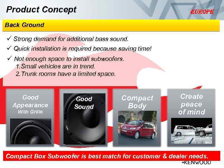 Product Concept EUROPE Back Ground ü Strong demand for additional bass sound. ü Quick