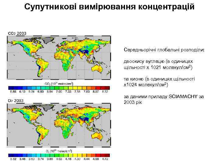 Супутникові вимірювання концентрацій Середньорічні глобальні розподіли: двоокису вуглецю (в одиницях щільності х 1021 молекул/см