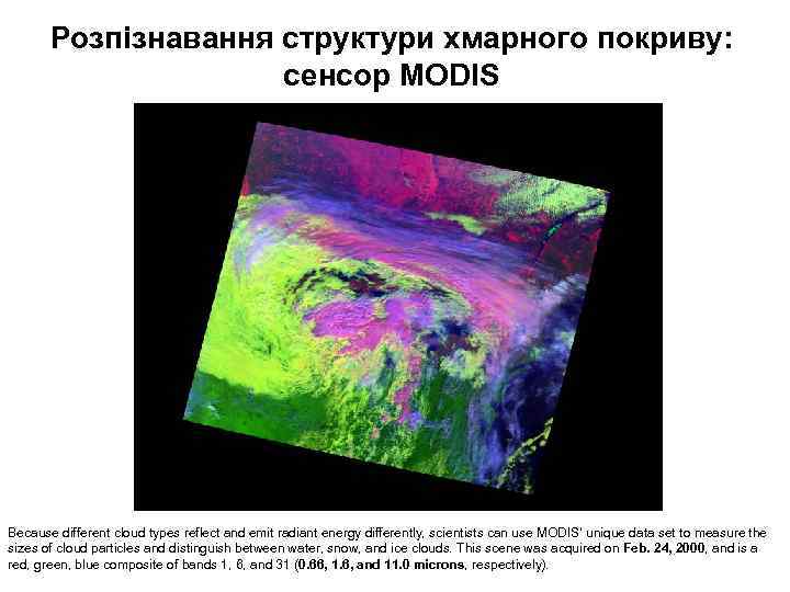 Розпізнавання структури хмарного покриву: сенсор MODIS Because different cloud types reflect and emit radiant