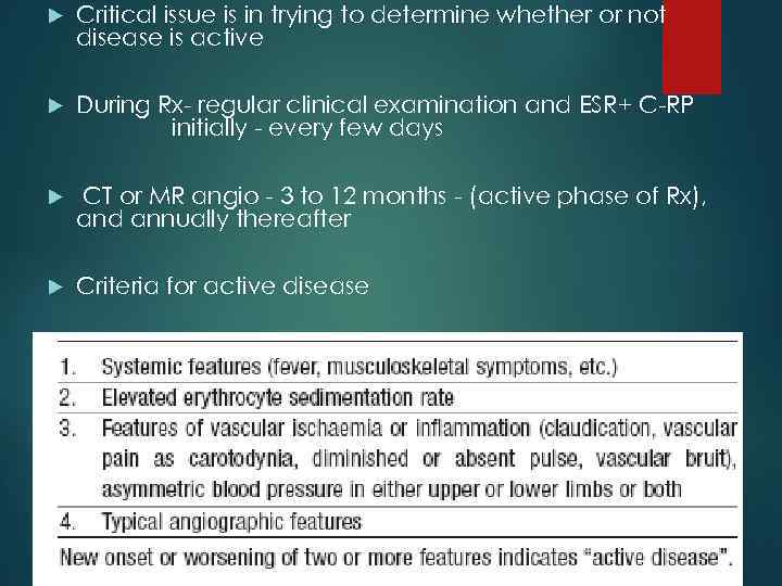  Critical issue is in trying to determine whether or not disease is active