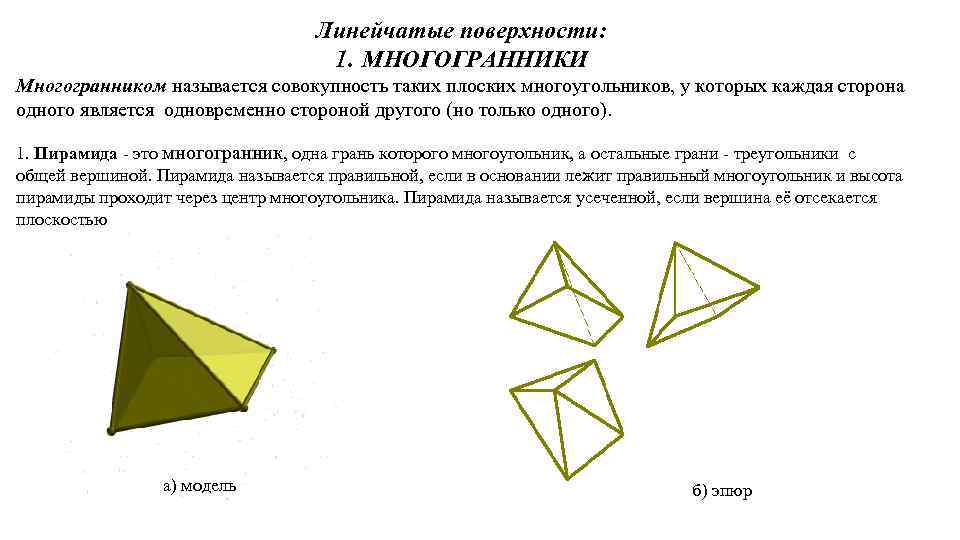 Линейчатые поверхности: 1. МНОГОГРАННИКИ Многогранником называется совокупность таких плоских многоугольников, у которых каждая сторона