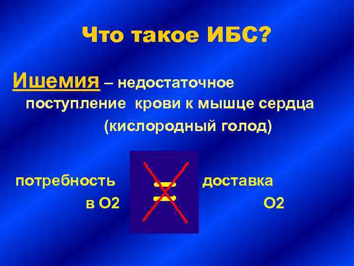 Что такое ИБС? Ишемия – недостаточное поступление крови к мышце сердца (кислородный голод) потребность