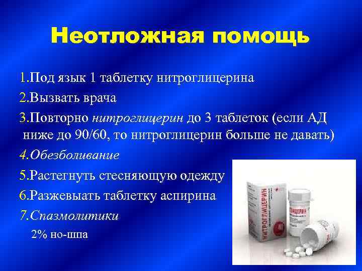 Неотложная помощь 1. Под язык 1 таблетку нитроглицерина 2. Вызвать врача 3. Повторно нитроглицерин