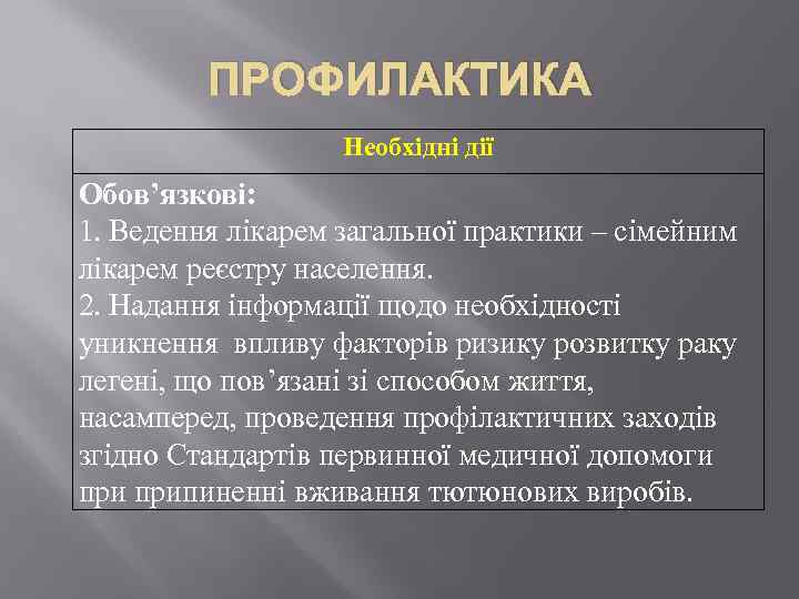 ПРОФИЛАКТИКА Необхідні дії Обов’язкові: 1. Ведення лікарем загальної практики – сімейним лікарем реєстру населення.