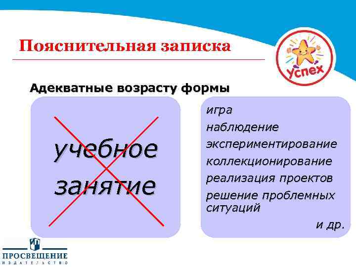 Пояснительная записка Адекватные возрасту формы учебное занятие игра наблюдение экспериментирование коллекционирование реализация проектов решение
