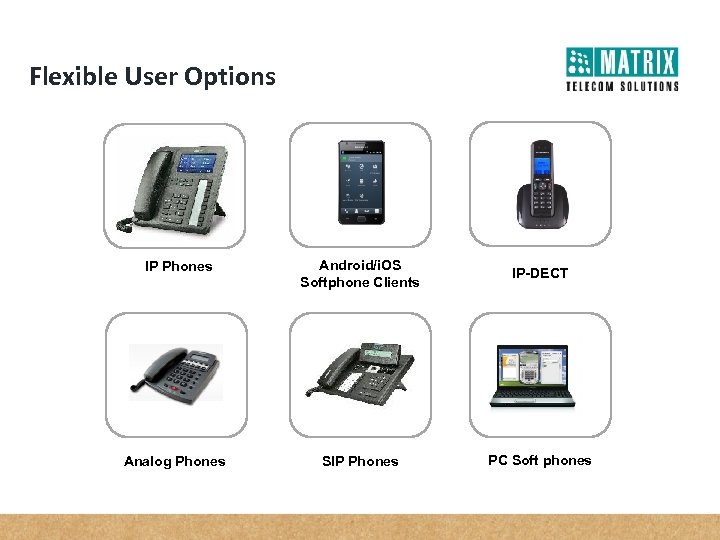 Flexible User Options IP Phones Android/i. OS Softphone Clients IP-DECT Analog Phones SIP Phones