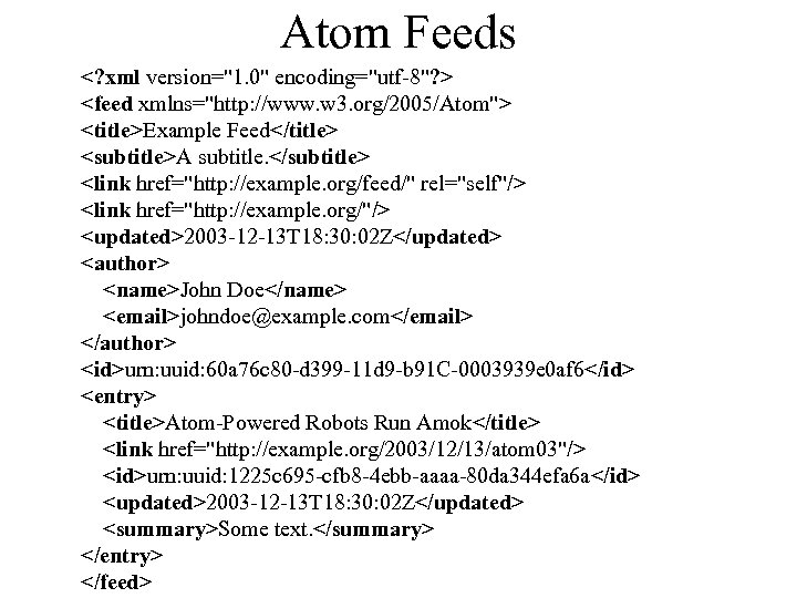 Atom Feeds <? xml version="1. 0" encoding="utf-8"? > <feed xmlns="http: //www. w 3. org/2005/Atom">