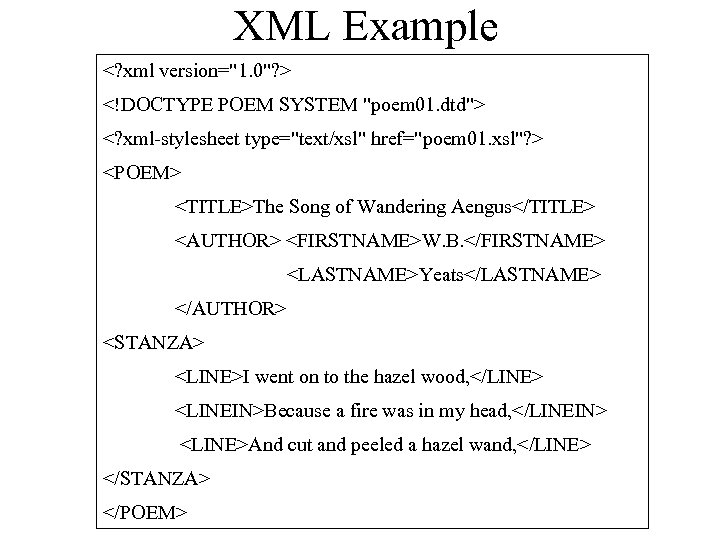 XML Example <? xml version="1. 0"? > <!DOCTYPE POEM SYSTEM "poem 01. dtd"> <?