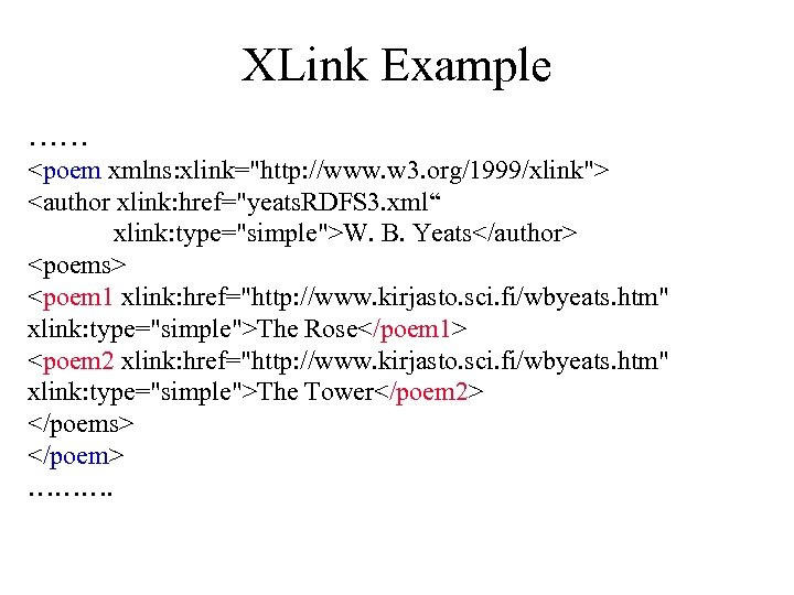 XLink Example …… <poem xmlns: xlink="http: //www. w 3. org/1999/xlink"> <author xlink: href="yeats. RDFS