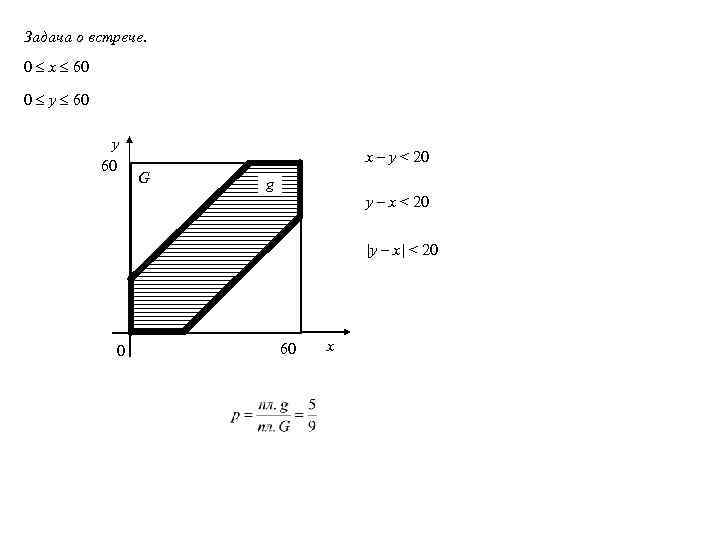 Задача о встрече. 0 x 60 0 y 60 y 60 x – y