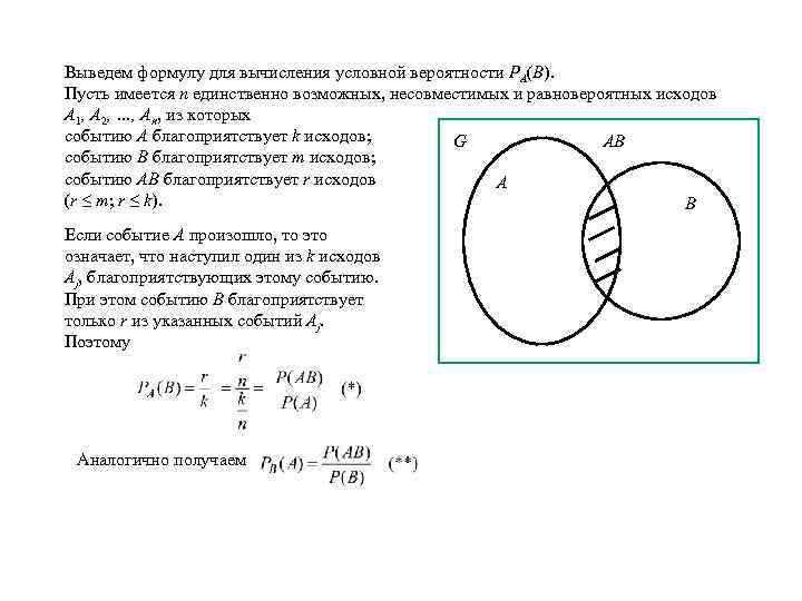 Выведем формулу для вычисления условной вероятности РА(В). Пусть имеется n единственно возможных, несовместимых и