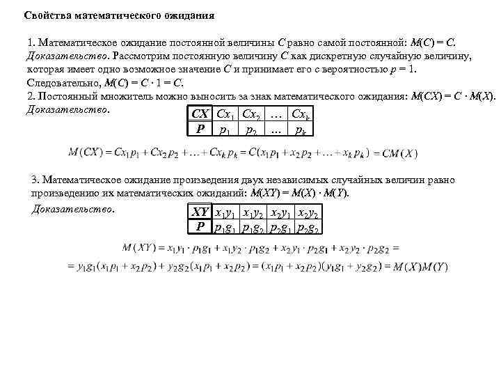 Свойства математического ожидания 1. Математическое ожидание постоянной величины С равно самой постоянной: М(С) =