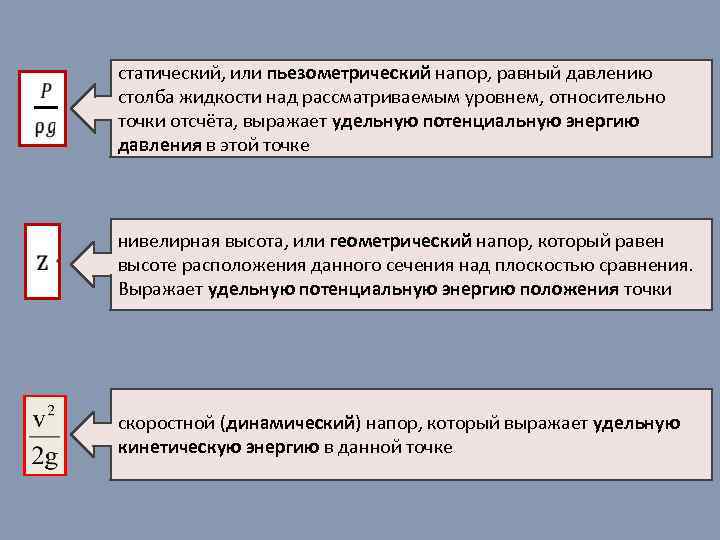 статический, или пьезометрический напор, равный давлению столба жидкости над рассматриваемым уровнем, относительно точки отсчёта,