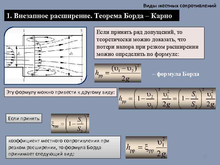 Виды местных сопротивлений 1. Внезапное расширение. Теорема Борда – Карно Если принять ряд допущений,