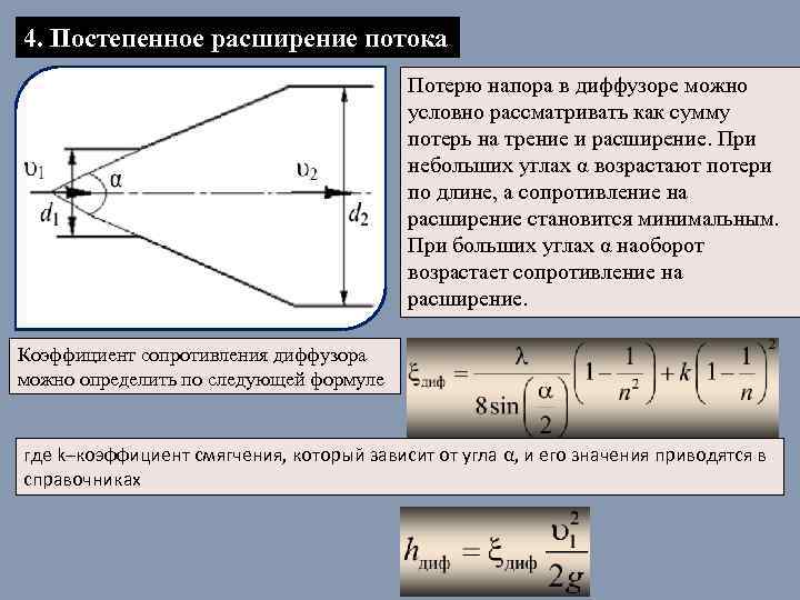 4. Постепенное расширение потока Потерю напора в диффузоре можно условно рассматривать как сумму потерь